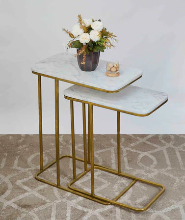 Modern Marble Nesting Side Tables with Gold Metal Frame